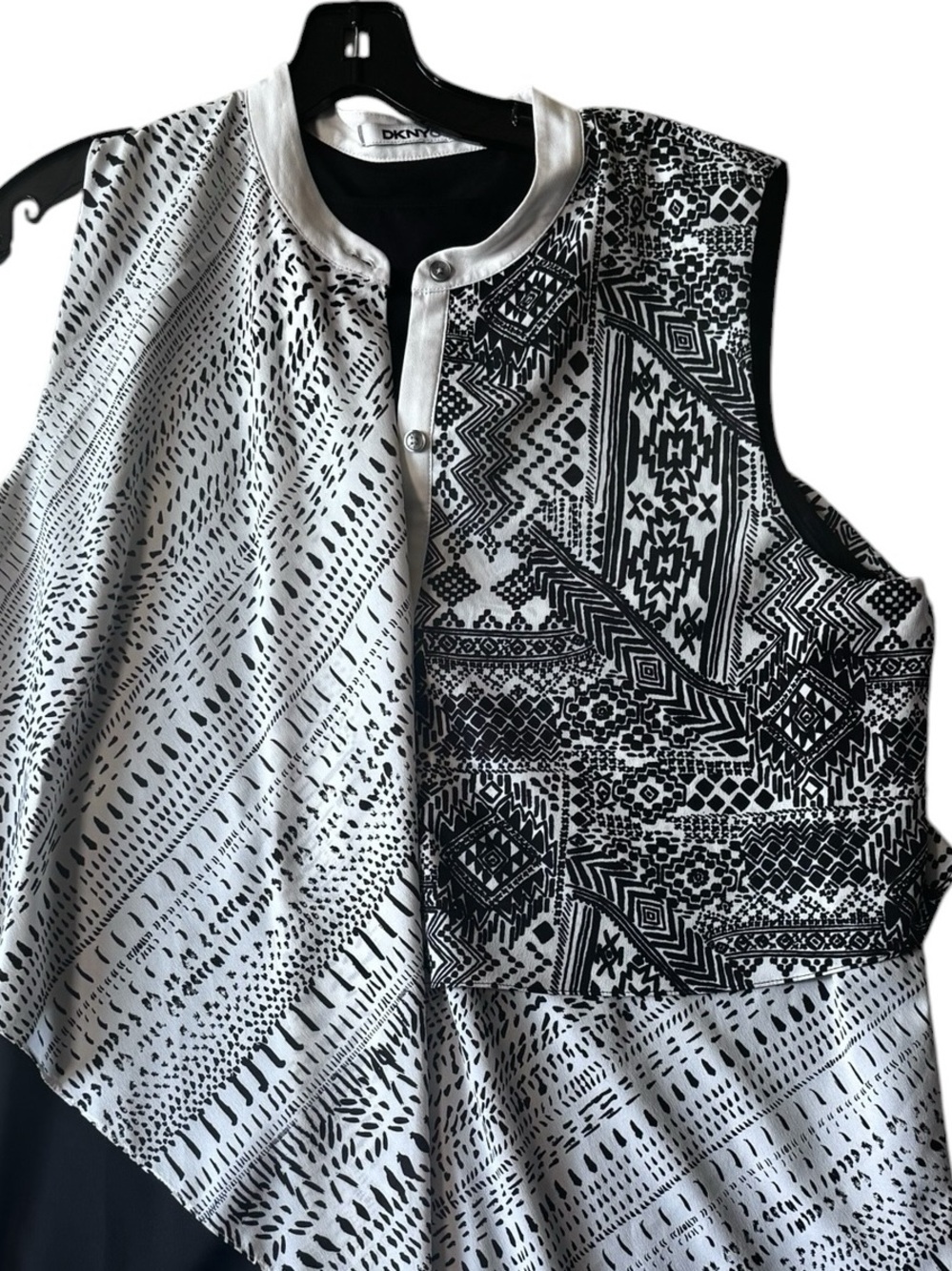 DKNY Layered Sleeveless Midi Dress Black White Abstract Geo Print Asymmetric XL - Picture 5 of 15